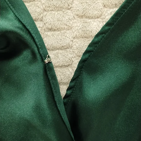 12th Tribe Green Satin Ruffle Maxi Dress High Slit-Medium - Picture 6 of 15